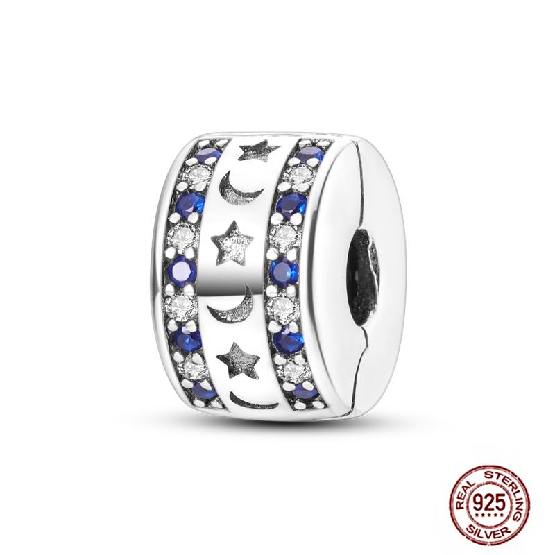 Round 925 Copper Clasp Pave Clip Charms Blue Star Moon Butterfly Slide Safety Chains Spacer Beads Fits Original Bracelet Zircon