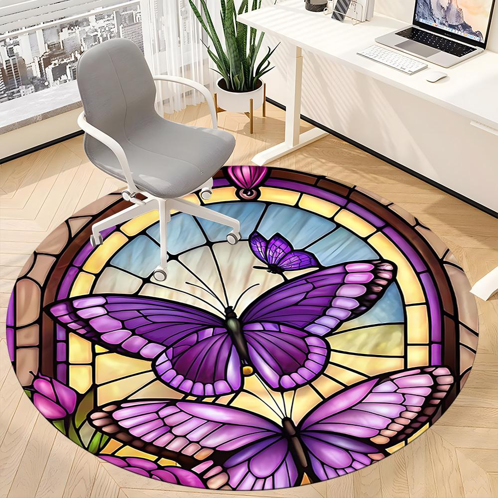 1pc Butterfly StainedGlass Office Round Area Rug, Mat Suitable ForOffice, Under Office Chairs Bedroom Living Room Home Decor, Room Deco