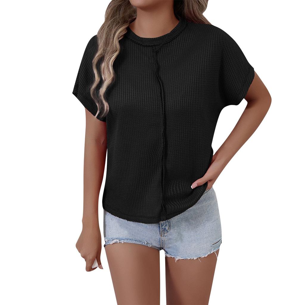 Women's Fashion Solid Color Round Neck Short Sleeved Pullover Casual T-shirt Top