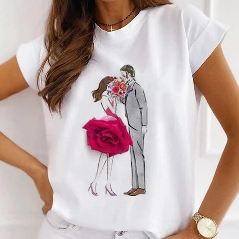 Модная креативная женская футболка с 3D рисунком розы 90-х годов, летняя блузка, свободные футболки с короткими рукавами, белые женские топы с круглым вырезом, одежда