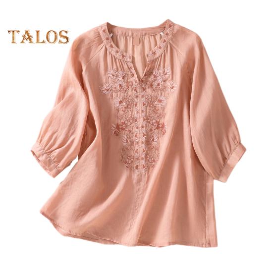 Летняя женская рубашка с V-образным вырезом и цветочной вышивкой, рукава три четверти, свободная однотонная ретро-мама, женская повседневная блузка среднего возраста