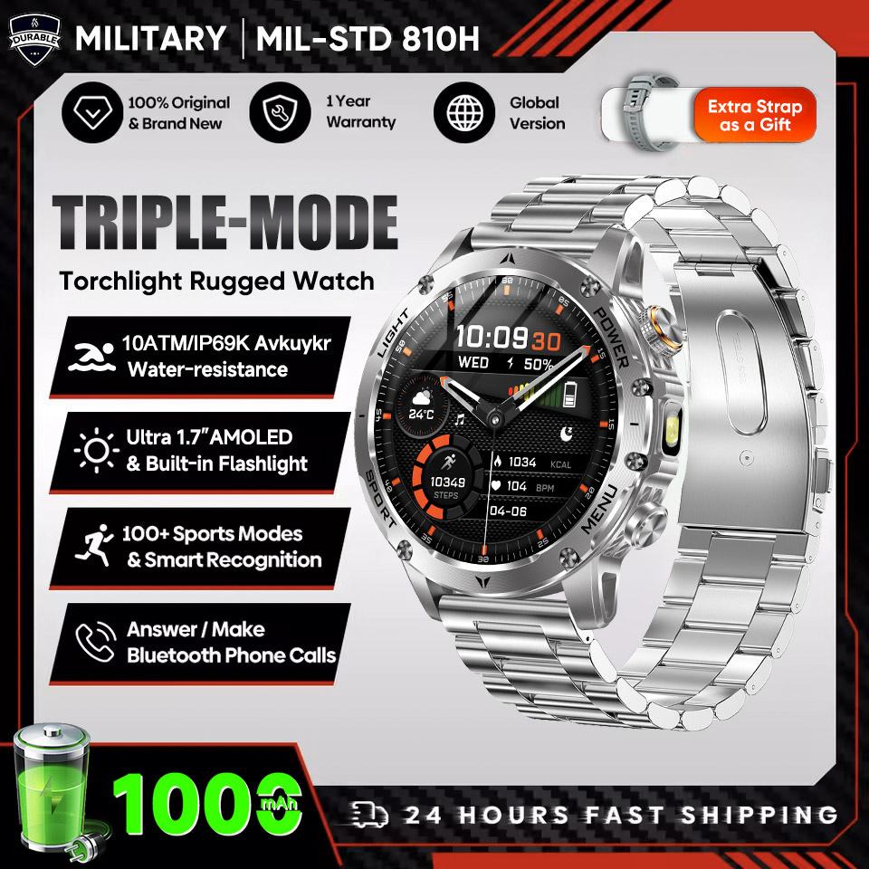 New Military 1.7 inches SmartWatch 1000Mah Battery Fitness Tracking 10ATM Waterproof Sport Flashlight call Bracelet For Men