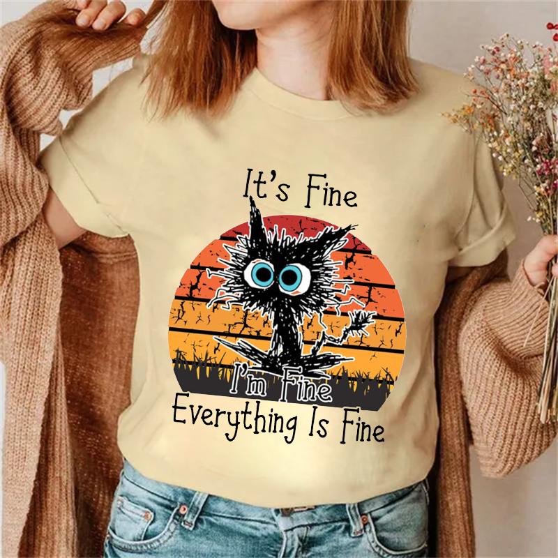 It's Fine, I'm Fine, все прекрасно, женские модные футболки с принтом, футболки с забавным принтом кота, женские футболки, женские футболки