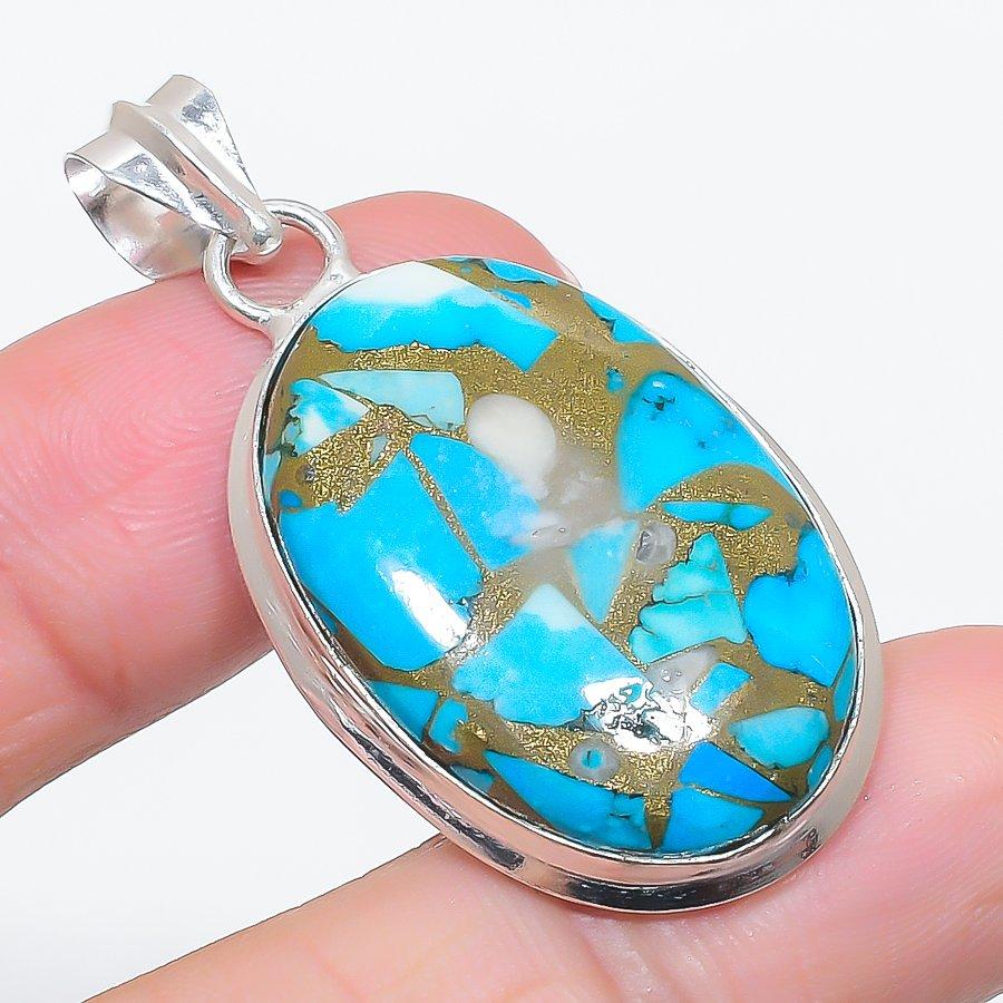 Natural Copper Blue Turquoise 925 Sterling Silver Jewelry Pendant 1.89" h0G01