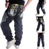 Европейские и американские мужские свободные прямые брюки для скейтборда с вышитыми цветочными крыльями Одежда в стиле хип-хоп Джинсы в стиле хип-хоп Черные увеличенные 30-46