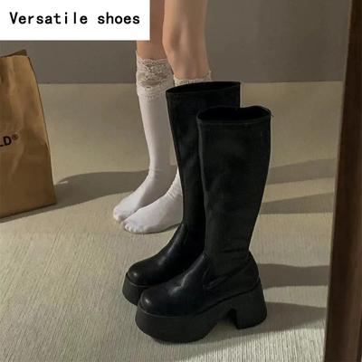 Панк Стиль Платформа Женские Сапоги до Колена Мода Слипоны Толстый Каблук Обувь Женские Лаконичные Рыцарские Длинные Ботас Де Мухер