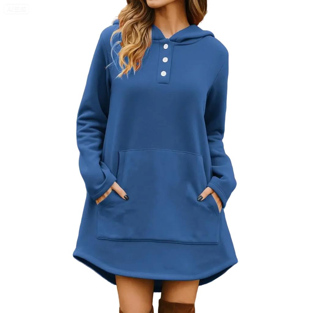 Women's Fashionable Solid Color Hooded Long Sleeved Pocket Pullover Sweatshirt Top