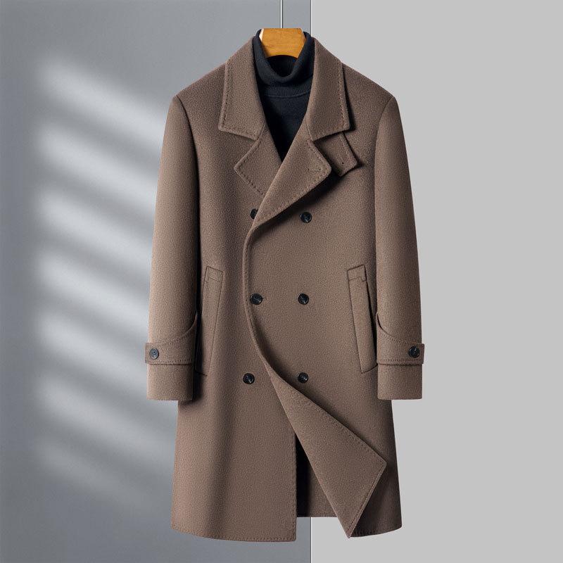 High-end Men's Woolen Coat Double-breasted Fashionable Woolen Windbreaker Long Middle-aged Casual Suit Jacket for Men