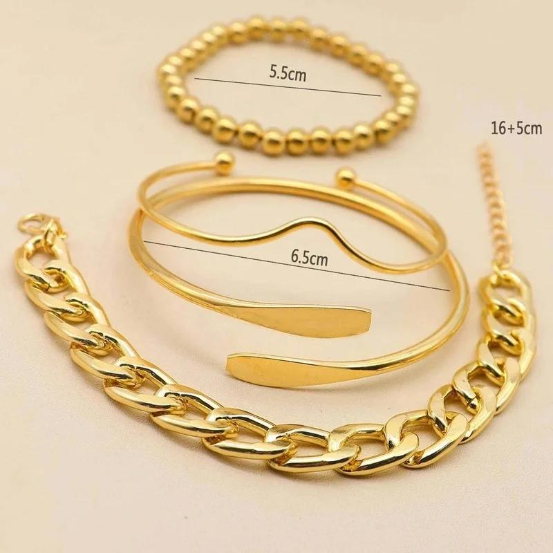 4pcs Punk Curb Cuban Chain Bracelets Set for Women Simple Thick Gold Color Charm Bracelets Fashion Zircon Accessories New