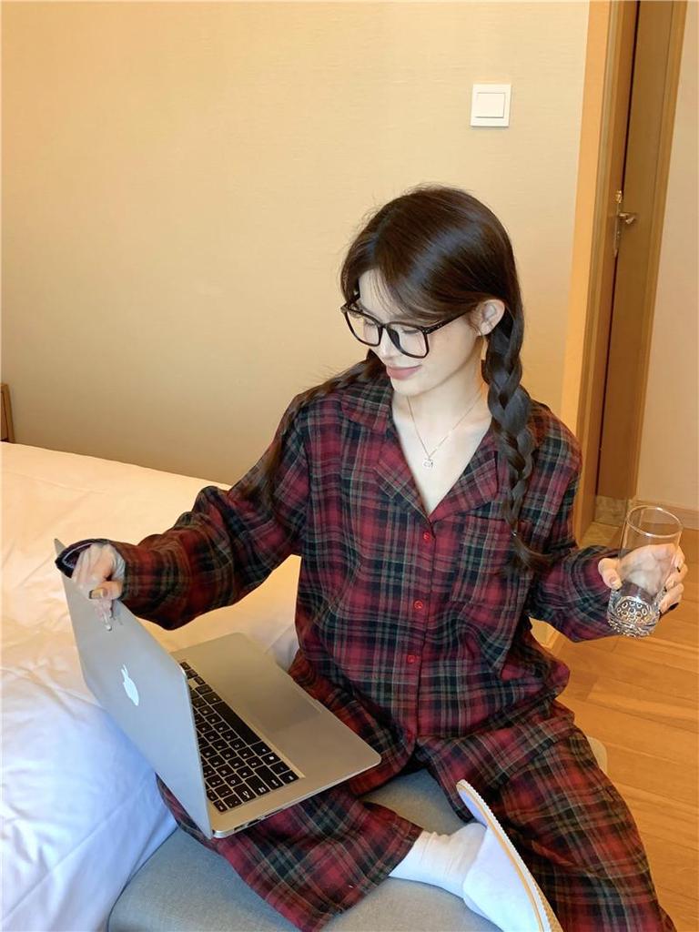 Пижамный комплект в красную клетку в корейском стиле: Удобная, Повседневная Домашняя Одежда для Пар