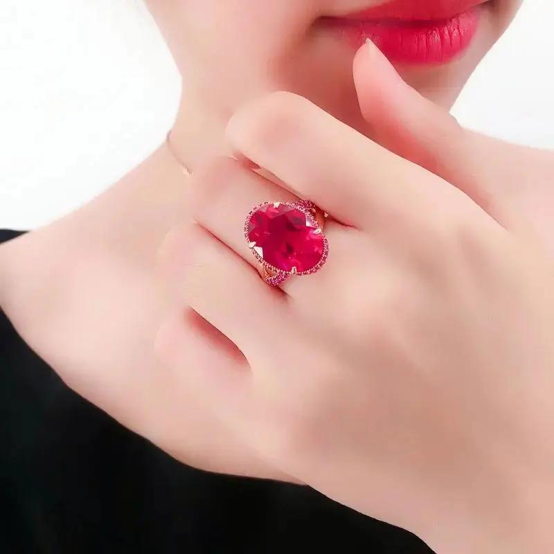 Классические Шармы Покрытые Розовым Золотом Инкрустированные Рубиново-Красным Великолепные Кольца для Женщин Новинка Изысканный Присутствовал на Банкете Циркон