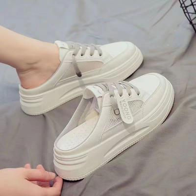 Маленькие белые женские туфли 2024 года, новые летние туфли на толстой подошве, верхняя одежда без каблука, модные ленивые сандалии с сумкой на голову, полутапочки