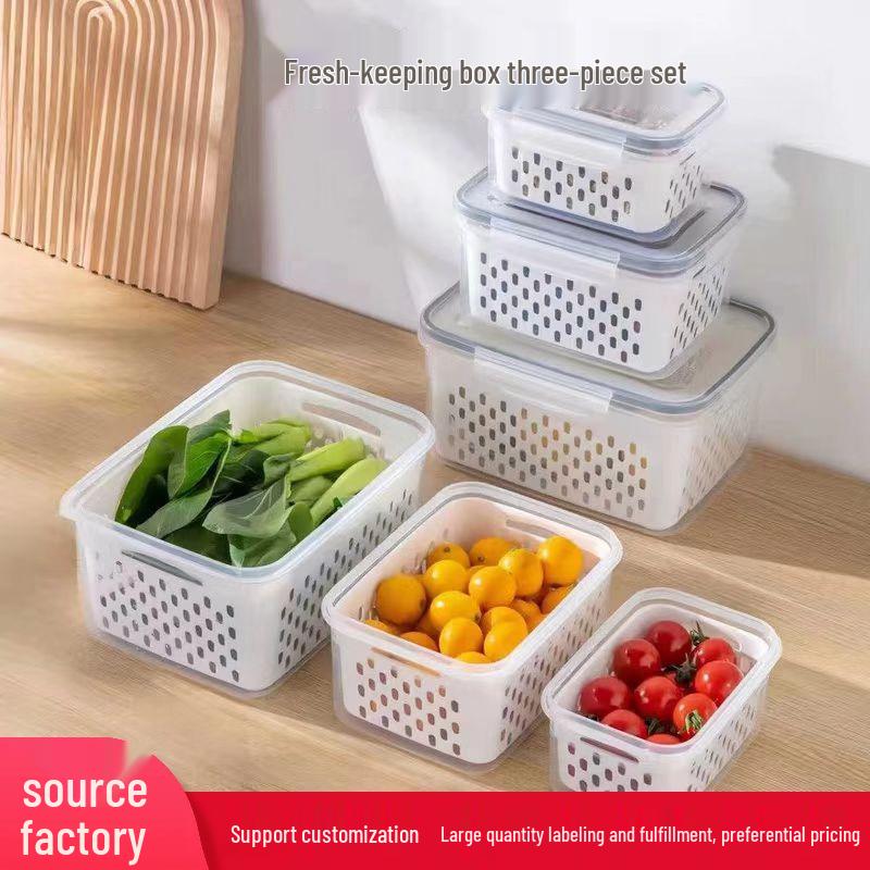 Fresh-Keep Draining Basket Set: 3-Piece Vegetable & Fruit Storage for Microwave, Fridge, or Kitchen Use.