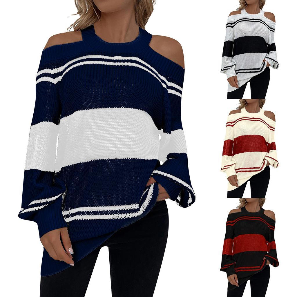 Женский повседневный модный вязаный свитер контрастного цвета с длинными рукавами