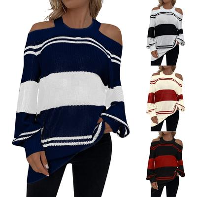 Женский повседневный модный вязаный свитер контрастного цвета с длинными рукавами