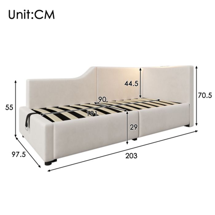 Lit de jour - MUVOE - 90x190cm - Rangement hydraulique - Lampe de lecture - USB-C - Beige