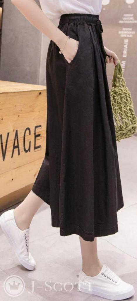 Брюки Gaucho Elastic Cropped High Plain Easy Care Long Leg Cotton Stomach Has Elastic Trendy Black [J-Scott], женские, Wide, Талия, Длина, Талия,