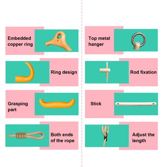 Гимнастические кольца Подвесная перекладина Нескользящая рукоятка Регулируемая длина Плавный дизайн формы Узел безопасности Гимнастическое кольцо