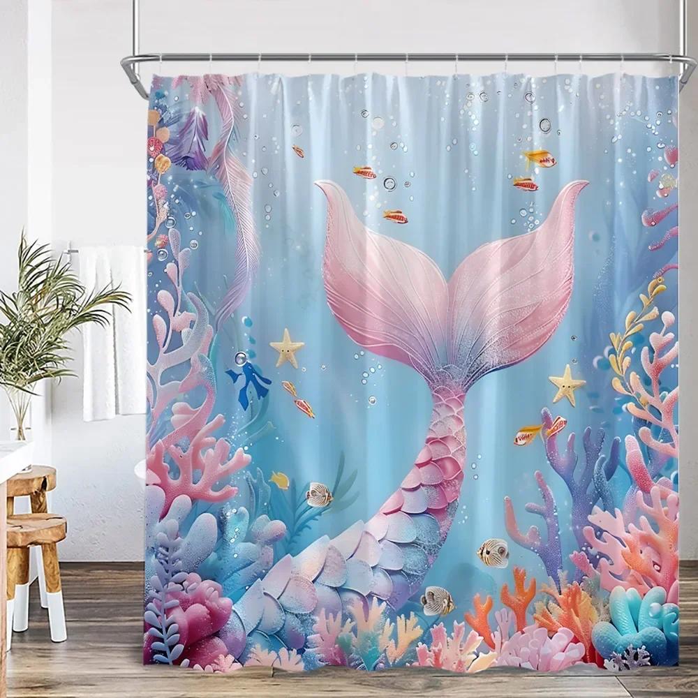Magical Mermaid & Coral Reef Waterproof Shower Curtain - Enchanting Underwater Fantasy for Dreamy Bathroom Decor