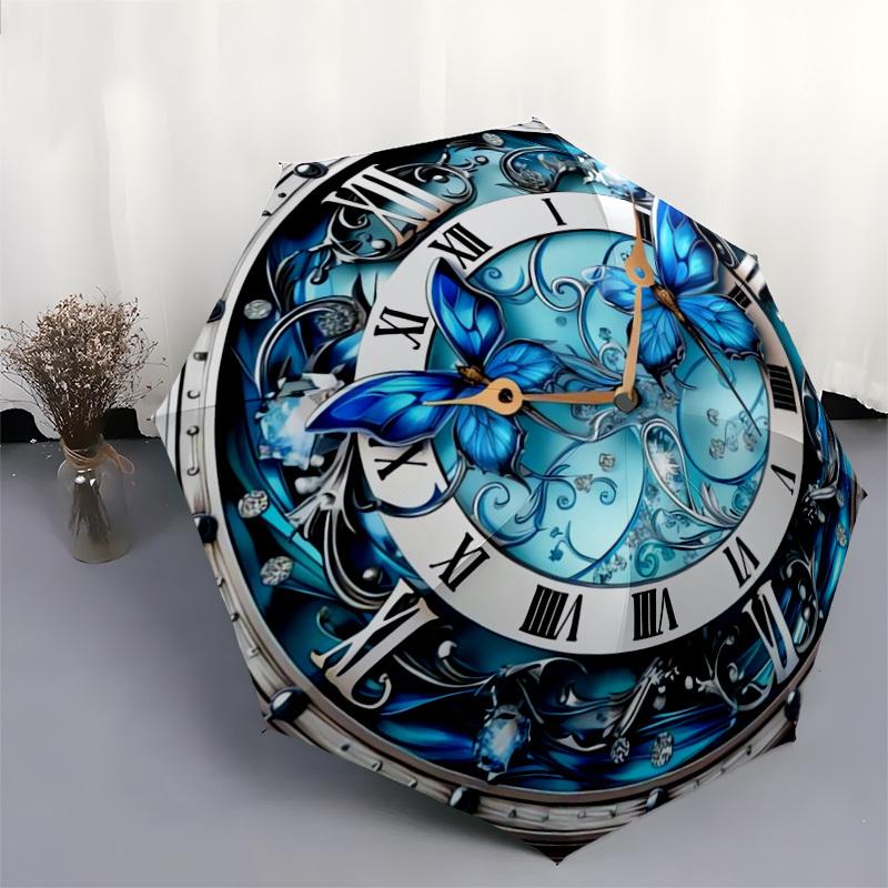 1pc Blue Butterfly Clock Design Umbrella with Plastic Handle,Suitable for All Seasons Home Travel Outdoor UmbrellaDD157