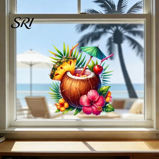 Temporary Window Sticker Summer Beach Cling Reusable Coconut Drink Pineapple Flower Static PVC Wall Removable Hawaiian Tropical Theme Glass Decals for