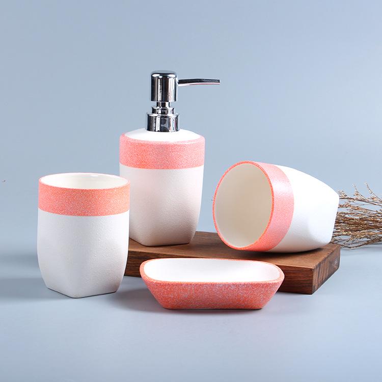 European Style Snowflake Glaze Ceramic Bathroom Set: Pink Mouthwash Cup, Hand Sanitizer Bottle, and More