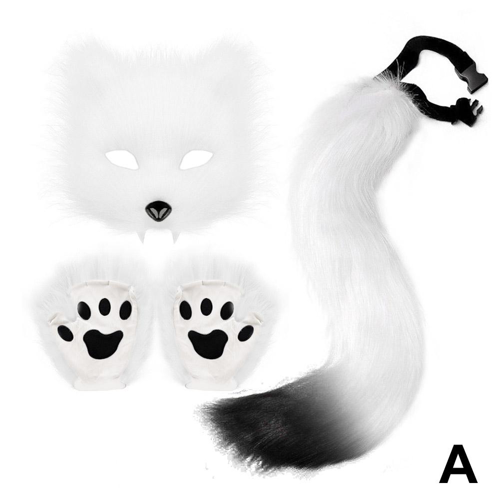 Fox Costume Set Cosplay Halloween Costume Plush Masque Fluffy Paw Gloves Halloween Party Accessories Faux Fur Fox Tail Set