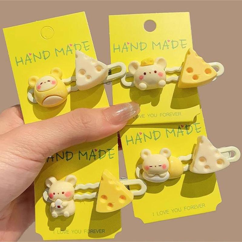 Мультяшная молочно-желтая заколка для волос с сыром и мышкой, женская милая и свежая универсальная челка на лбу для девочек, сломанная заколка для волос, головной убор