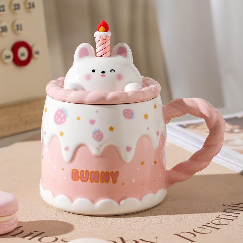 Милая кружка для торта на день рождения с крышкой и ложкой, мультяшная керамическая кофейная чашка с изображением животных, офисная чашка для воды высокого качества