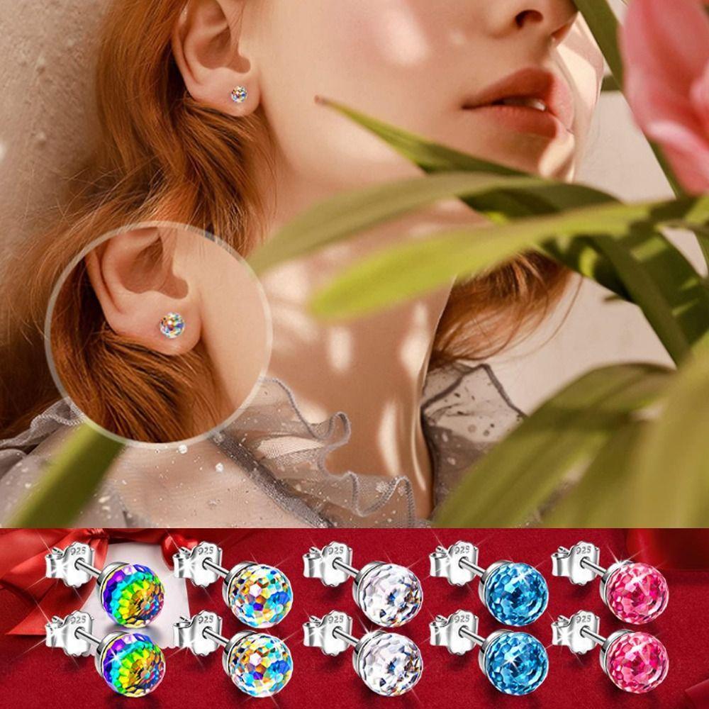925 Silver Ear Stud Jewelry Gift Crystal Ball Earrings New Colorful Crystal Earrings