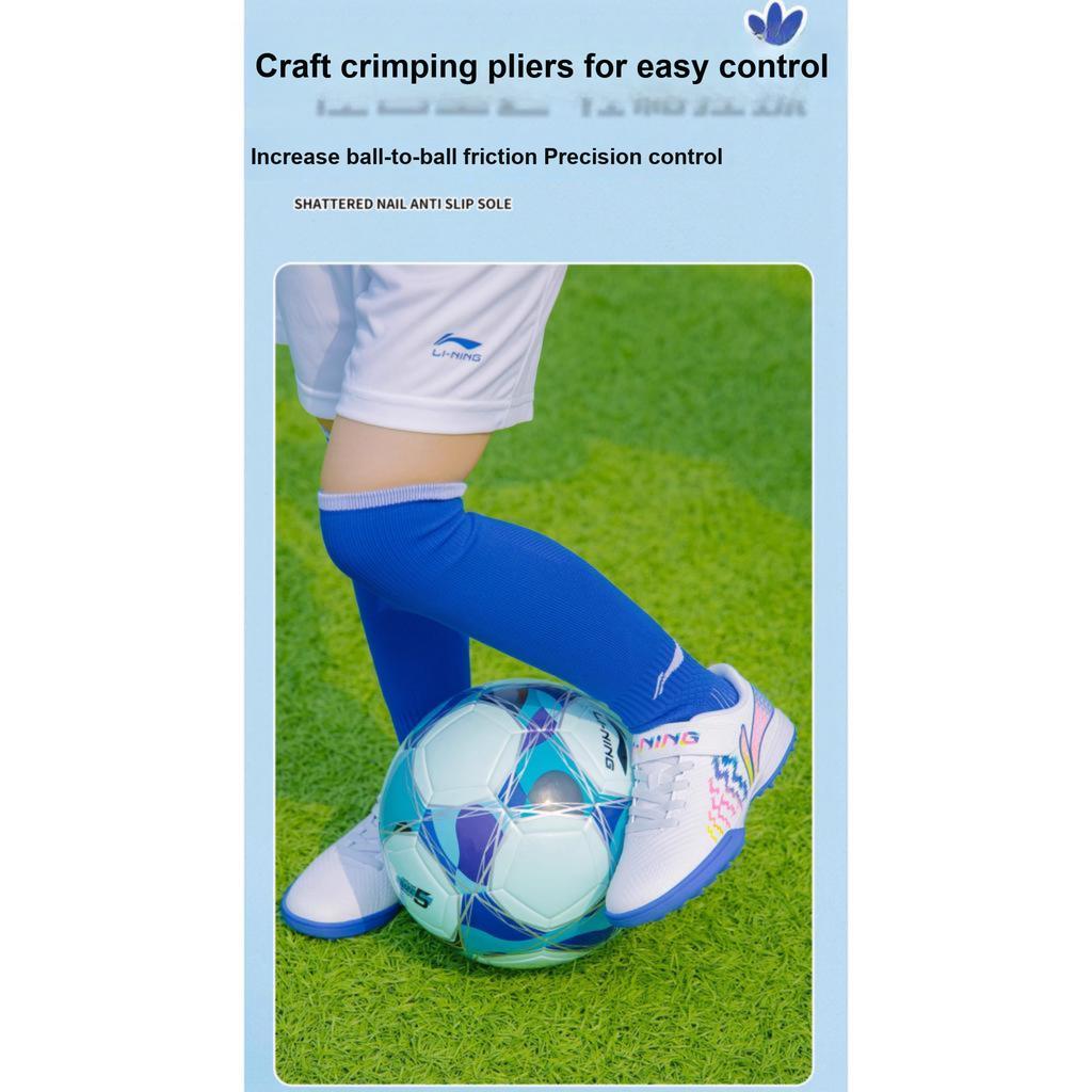 Li Ning Kids Artificial Turf Casual Shock Absorbing Durable Low Top Football Shoes Kids Football Shoes White Blue YKGU008-3