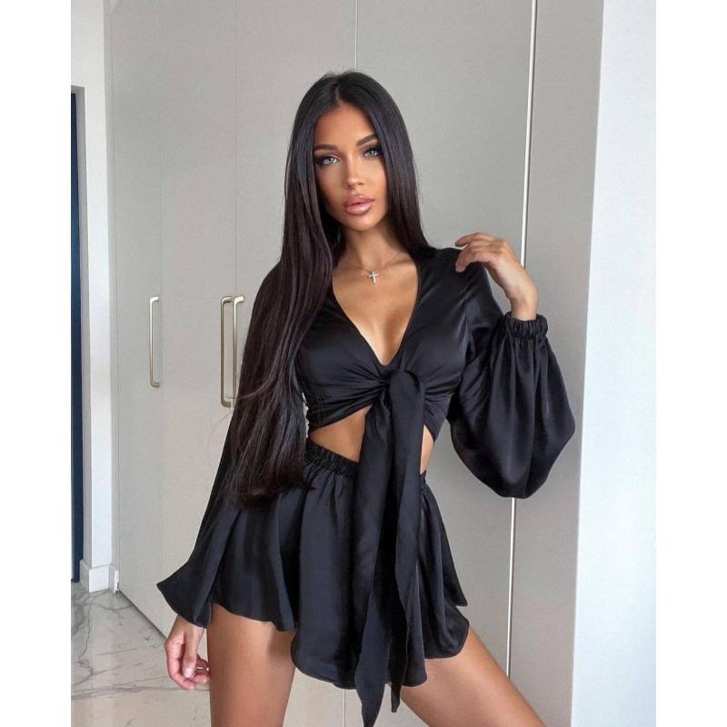 Новый женский комплект из французского топа и шорт на шнуровке с длинными рукавами