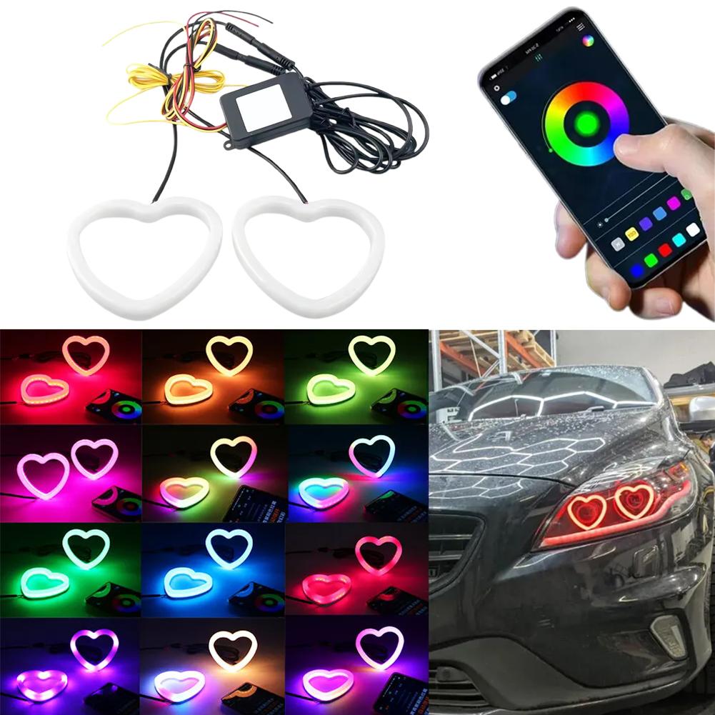 Car Angel Eyes RGB Cotton Halo Rings 12V Led Headlight DRL Motorcycle Angel Eye Heart Shaped With Amber Turning Light
