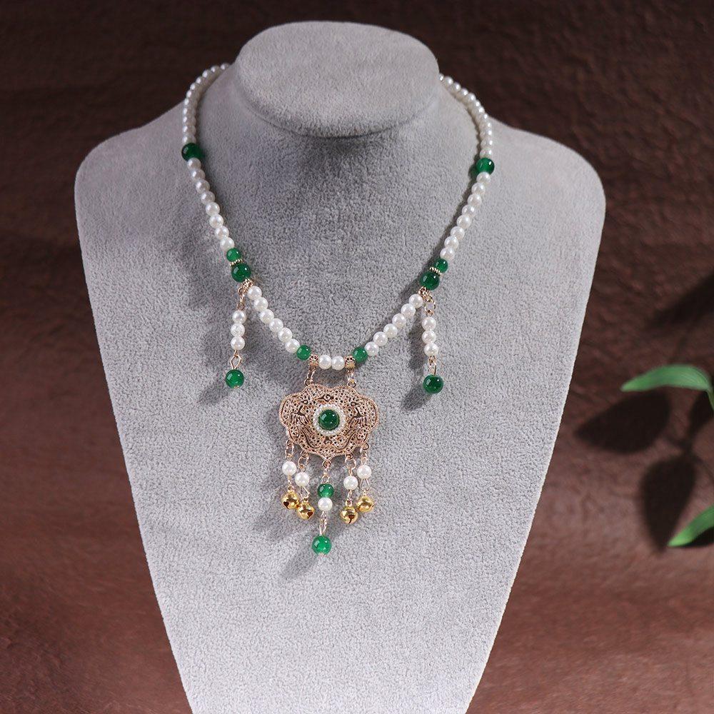 Bead string Hanfu Necklace Chinese Style Pearl Choker Antique Longevity Lock Pendant  Girls