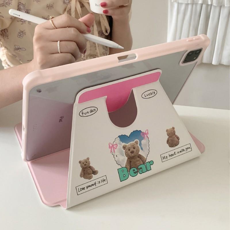 IPad Pro 11 Inch Case With Bear Heart Design Acrylic 2-in-1 Stand Cover 6/7/8/9 Mini Sleep/Wake Support