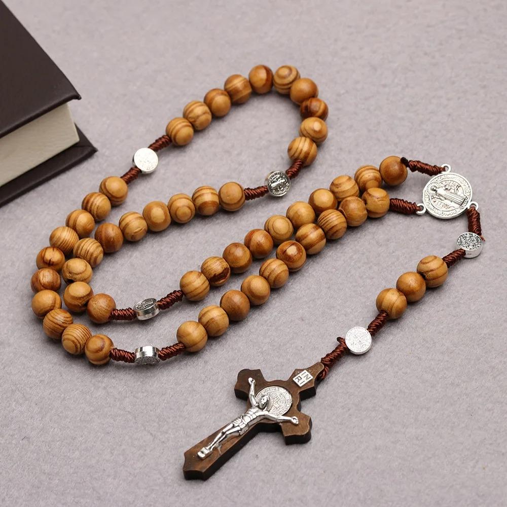 Wood Beads Rosary Cross Necklace For Women Men Christian Virgin Mary INRI Pendant Chain Fashion Religion Jewelry