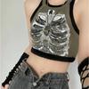 Punk Aesthetic Cyber Retro X-ray Skeleton Print Rib Sleeveless Vest ArmyGreen Crop Top Designer Clothes Women 2024 Summer Emo