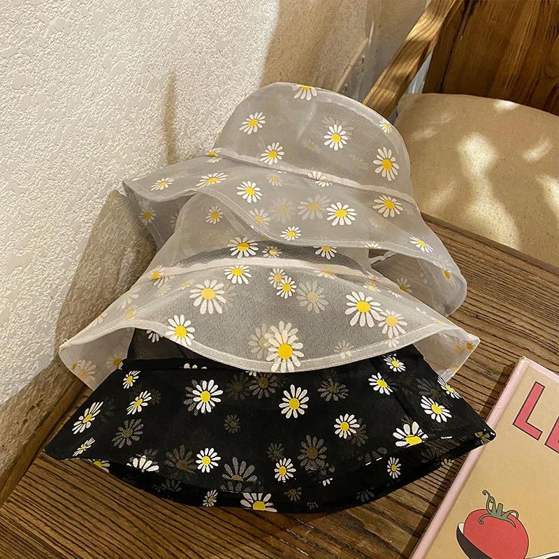 Рыбацкая шляпа женская летняя тонкая с мелкими ромашками лесная пряжа шляпа легкая и дышащая шляпа от солнца