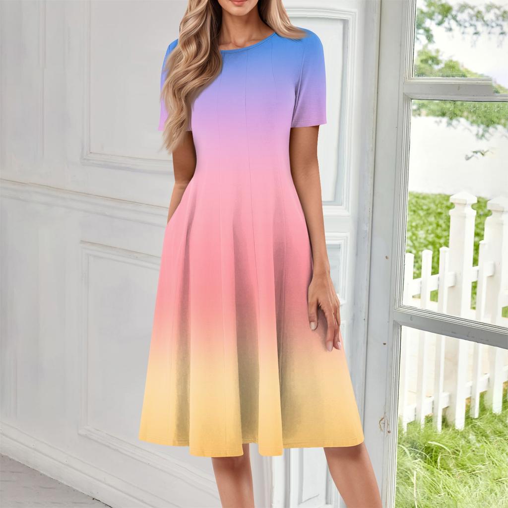 Женское повседневное модное платье с круглым вырезом и коротким рукавом средней длины с градиентом