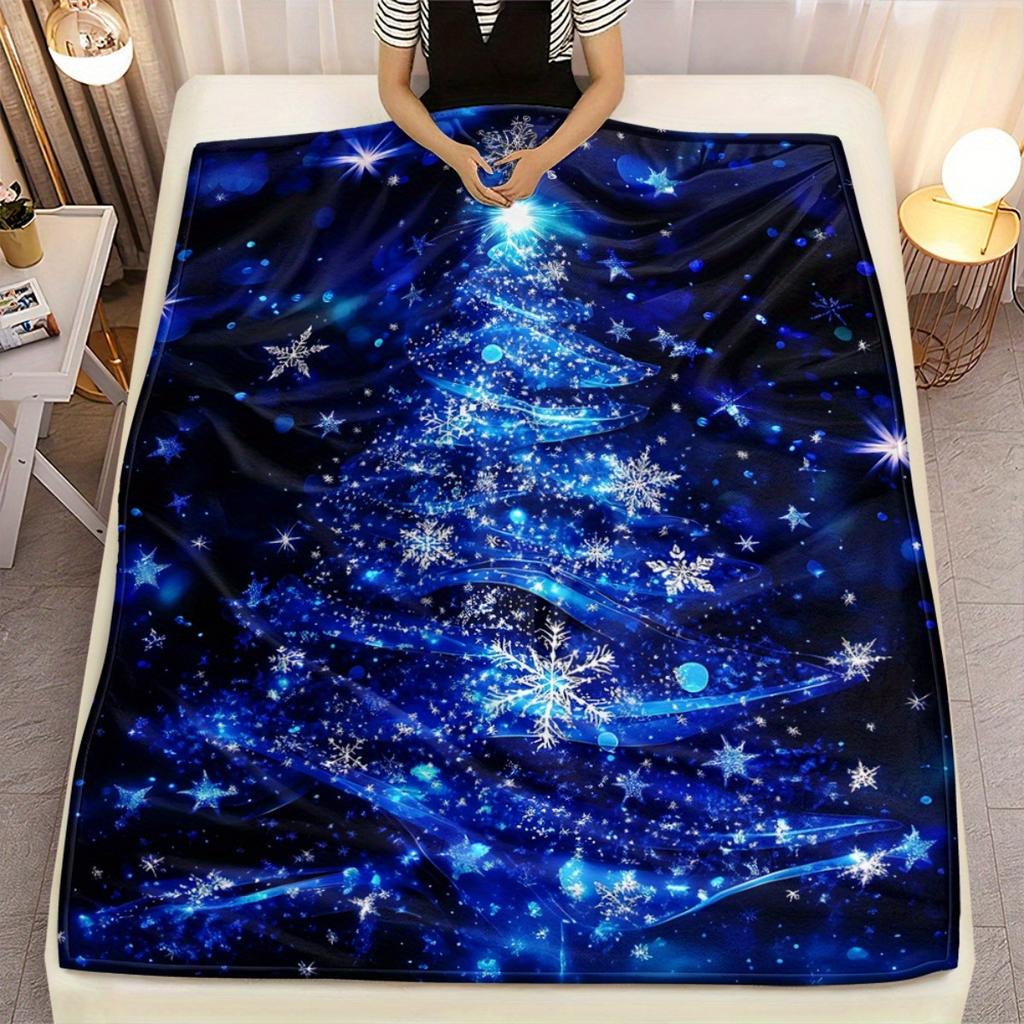 Blue Glitter Christmas Tree Flannel Throw Blanket, Shiny Snowflake Star Xmas Tree Print Soft Warm Blanket Sofa Bed Winter Holiday Home Decor