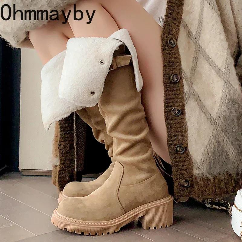 Винтажные женские сапоги выше колена на платформе, модные туфли с пряжкой на ремне, осень-зима, женские длинные сапоги на толстом каблуке