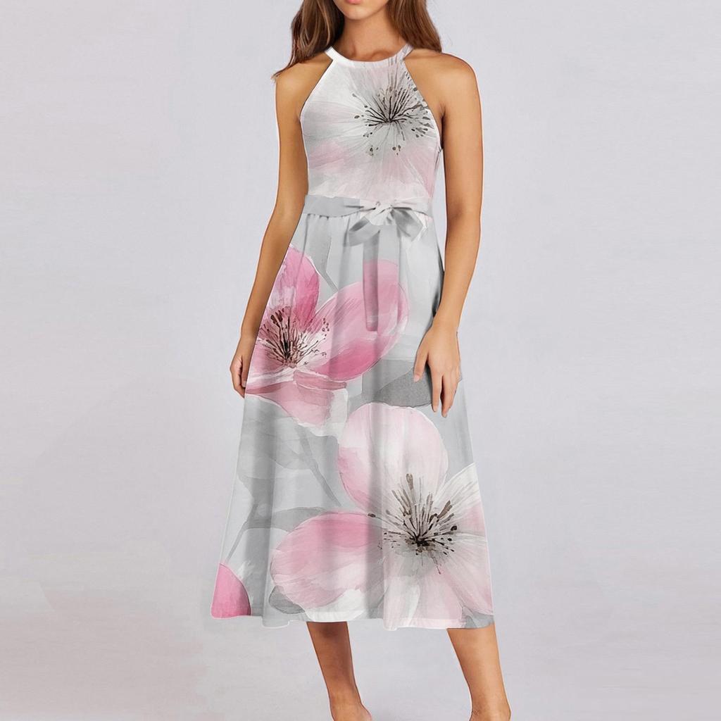 Женское повседневное платье миди с круглым вырезом, классическое, повседневное, без рукавов, свободное платье в стиле бохо с завязками, летний пляжный сарафан