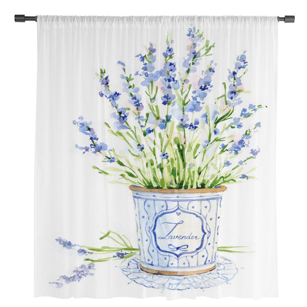 Цветочный горшок Фиолетовые цветы Акварель Тюль Шторы для гостиной Кухня Прозрачная вуаль Шторы Спальня Оконные панели