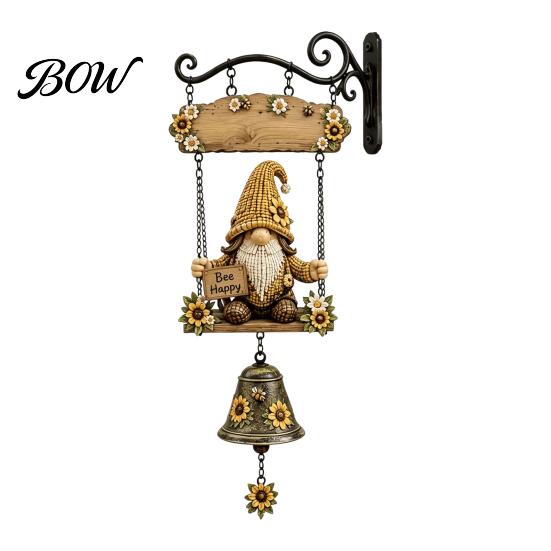 Distressed Wood Grain Sign Garden Gnome Bell, Welcome Outdoor Hanging Doorbell, Holiday Decorative Wall Plaque Wind Chimes for Patio Home