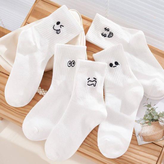 5 Pairs Unisex Winter Socks Cartoon Countenance Embroidery Mid-tube High Elasticity Wrapping Anti-slip Floor Socks Comfort Warmth Sleeping Socks