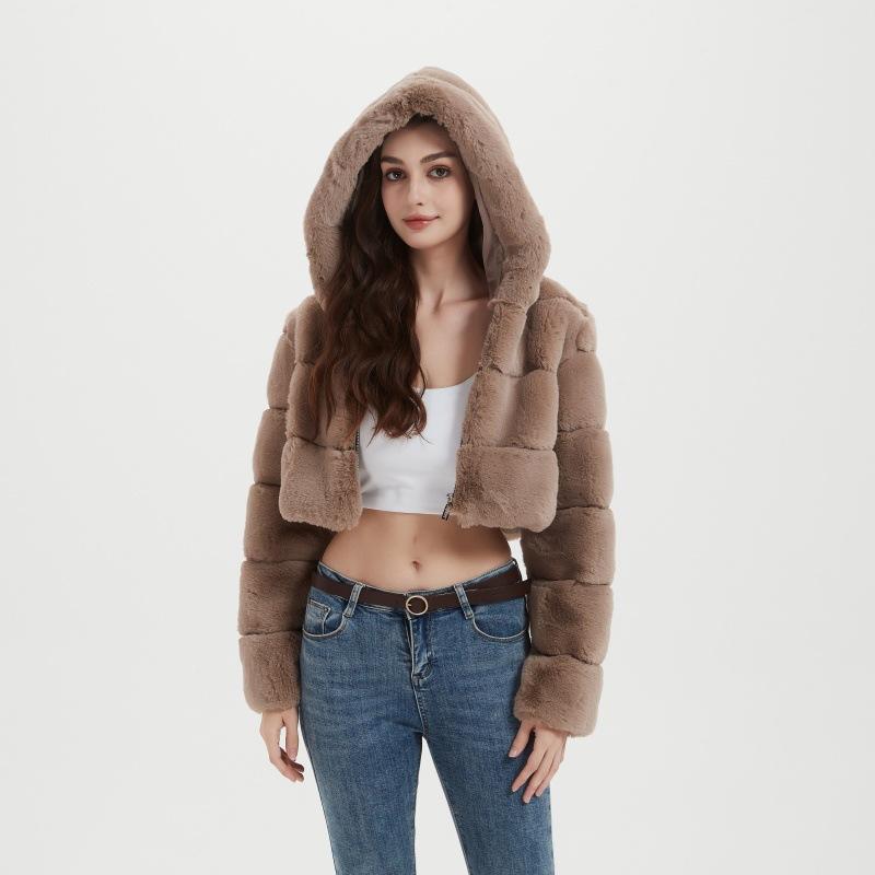 Autumn and winter imitation fur jacket women's short European and American splicing hooded jacket