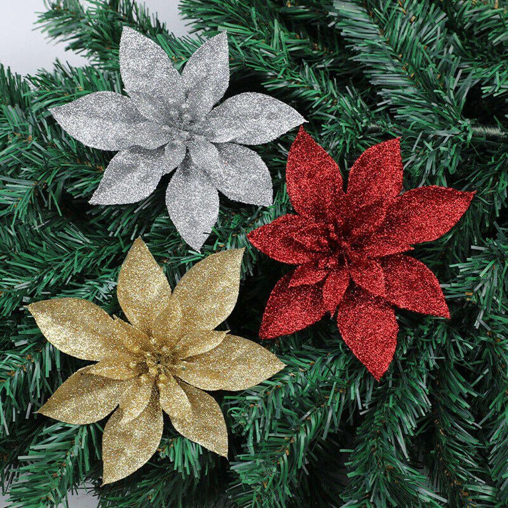Merry Christmas Xmas Tree Decorations Poinsettia Glitter Flower Christmas Flowers Fake Flowers