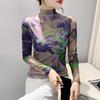 Half Turtleneck Tie-dye Printed Top for Women In Autumn and Winter Mesh Base Shirt Fashionable Tight Inner Long-sleeved T-shirt