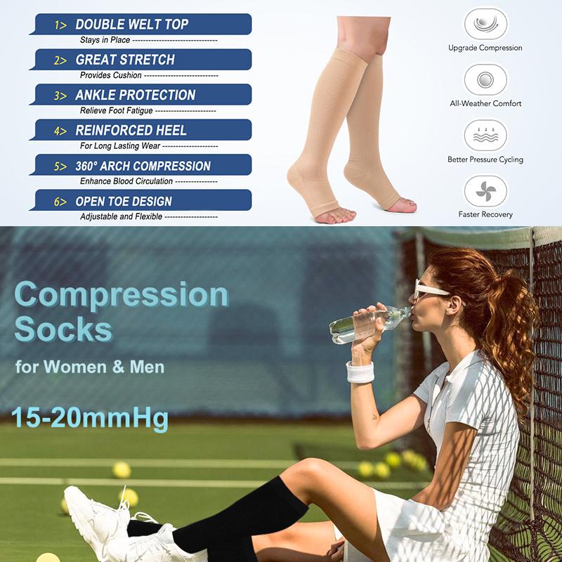 1 Pair Unisex Calf Compression Stockings Prevent Varicose Veins Shape Gradually with Pressure Elastic Open Toe Knee High Socks