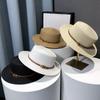 Women's Rivet Belt Decoration Simple Fashion Flat Beige Sunshade Straw Hat for Going Out and Playing, Seaside Vacation Dressing